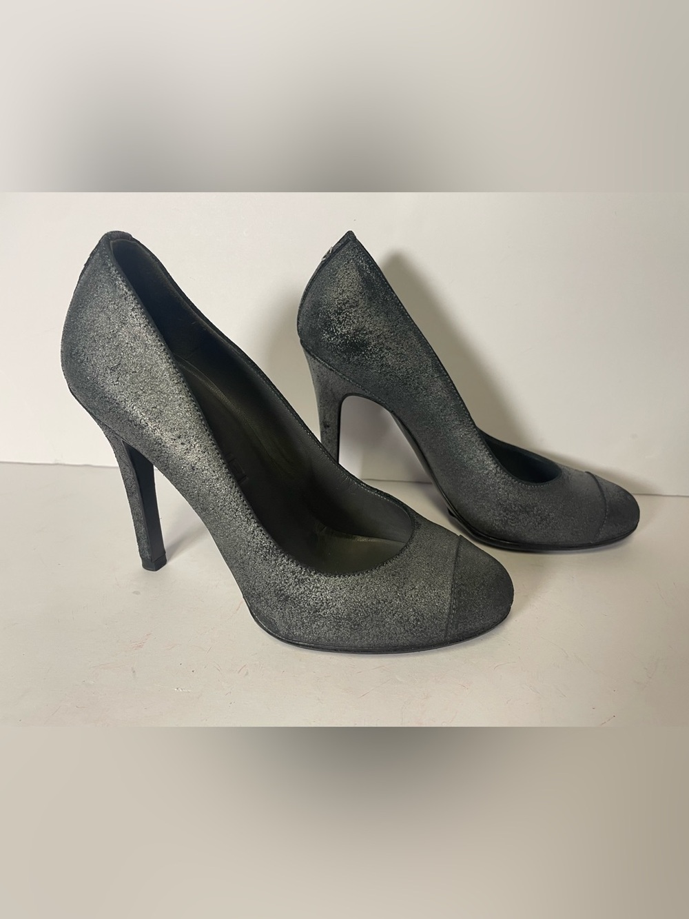 Chanel embossed Suede High Heel Pumps cap toe dark grey 36